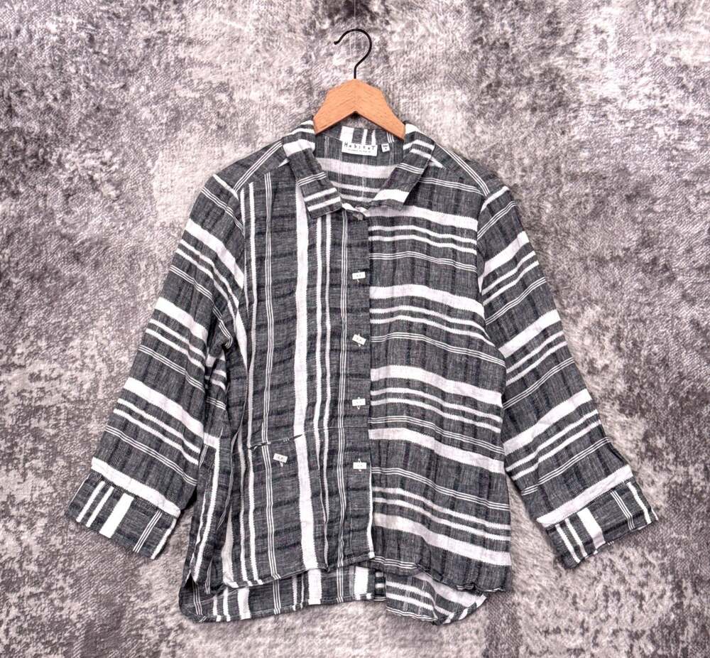 Habitat Clothes To Live In Top Medium Womens Gray Woven Button Down Linen
